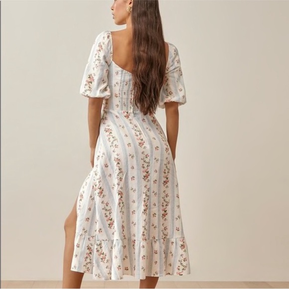 Reformation Belgium Linen Dress Surrey Floral Midi Puff Sleeves Size 8 - Picture 3 of 12